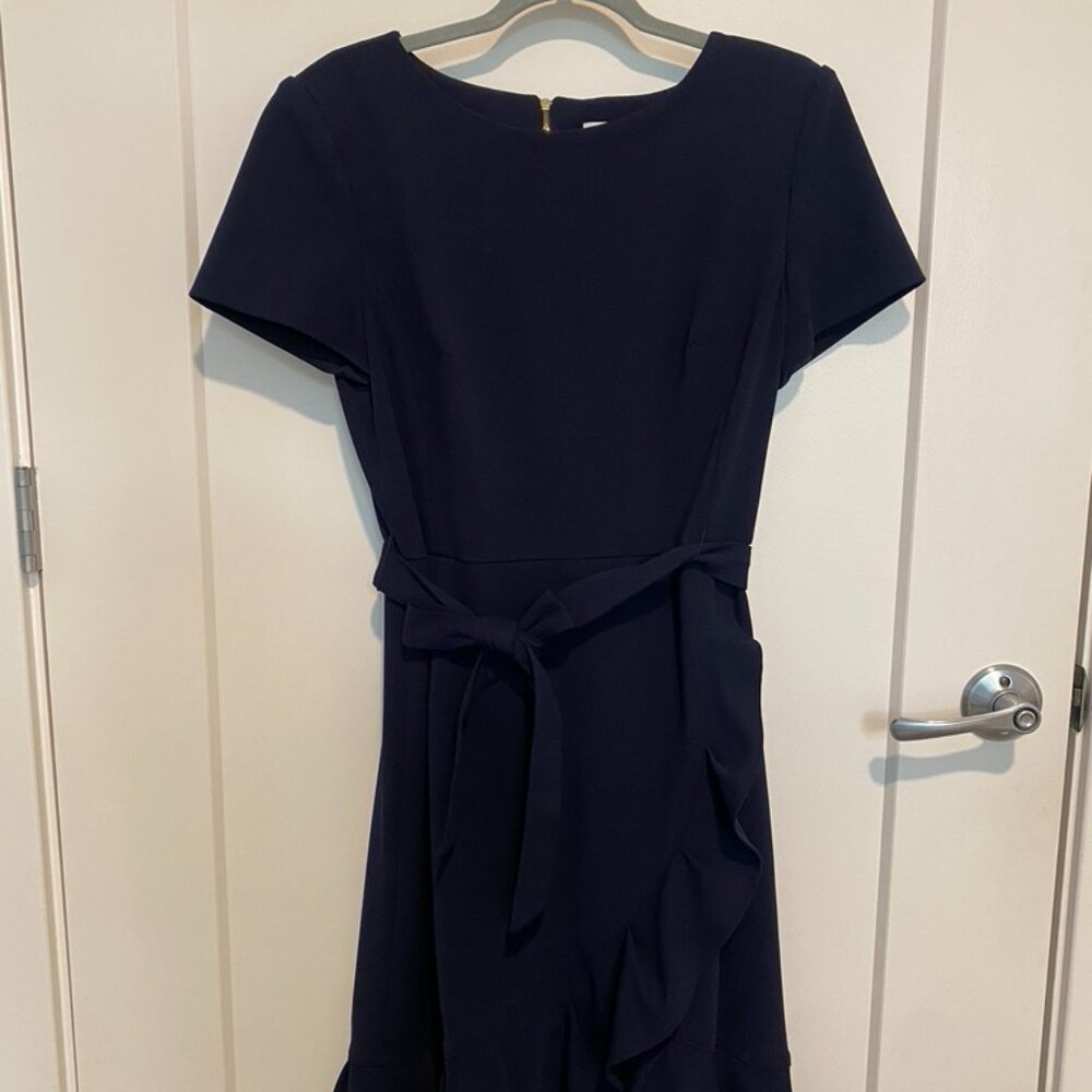 Calvin Klein Navy Fit & Flare Dress | Size 12 | Belted with Ruffle Hem